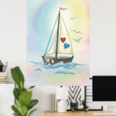 Sailing Hearts – Minimalist Boat with Love Sails ポスター (ホームオフィス)