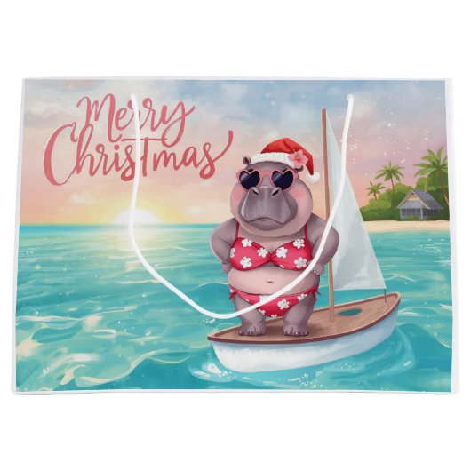 Sailing Hippo Christmas Bikini on big wave ラージペーパーバッグ (正面)