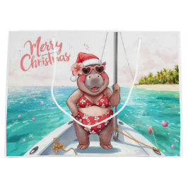 Sailing Hippo Christmas Bikini on big wave ラージペーパーバッグ