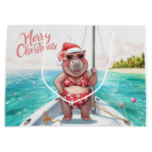 Sailing Hippo Christmas Bikini on big wave ラージペーパーバッグ (正面)