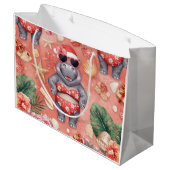 Sailing Hippo Christmas Bikini on big wave ラージペーパーバッグ (裏面アングル)