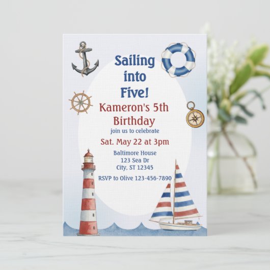 Sailing into Five, Watercolor 5th Birthday 招待状 (スタンド正面)