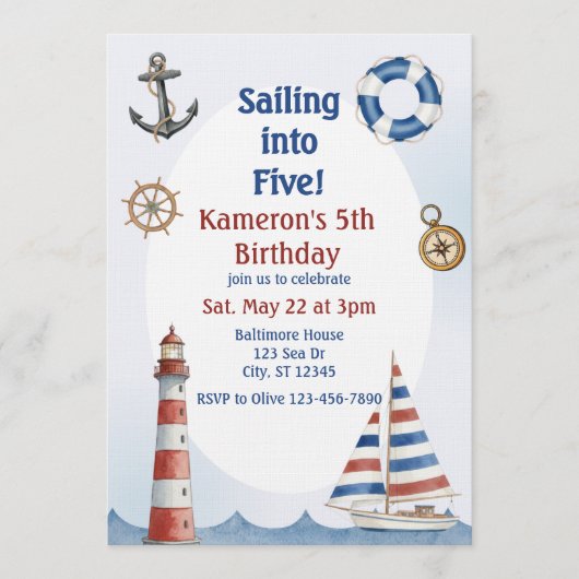 Sailing into Five, Watercolor 5th Birthday 招待状 (正面)