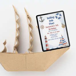 Sailing into Five, Watercolor 5th Birthday 招待状