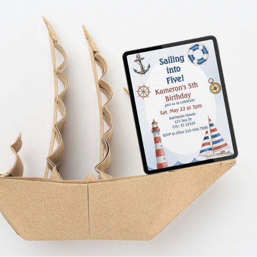 Sailing into Five, Watercolor 5th Birthday 招待状