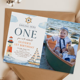 Sailing Into One 航海の Blue 1st Birthday写真 招待状