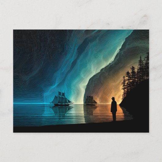 Sailing ships, Northern Lights, rocky shoreline ポストカード (正面)