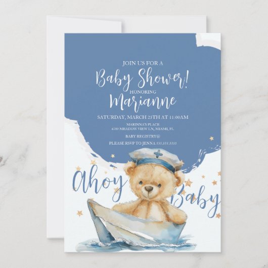 Sailor Bear Boy Baby Shower Invitation 招待状 (正面)