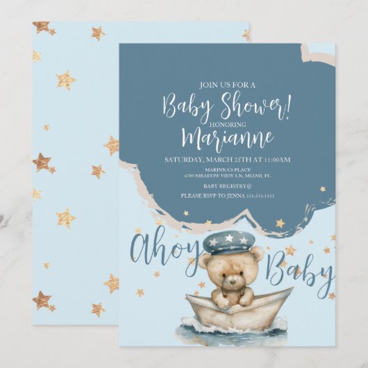 Sailor Bear Boy Stars Baby Shower Invitation 招待状 (正面/裏面)