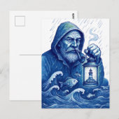 Sailor Holding Lantern While Fish Holds Umbrella ポストカード (正面/裏面)
