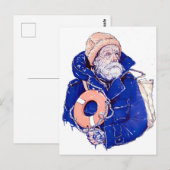 Sailor Holding Lifebuoy Wearing Orange Knit Cap ポストカード (正面/裏面)