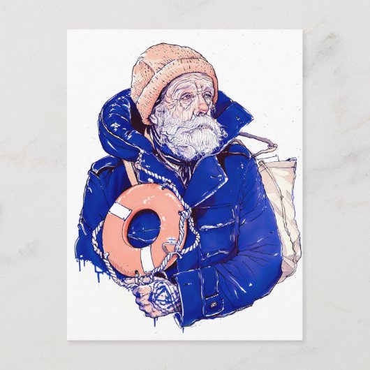 Sailor Holding Lifebuoy Wearing Orange Knit Cap ポストカード (正面)
