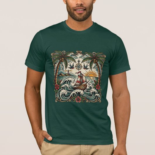 Sailor JerryスタイルのトロピカルパラダイスTシャツ – トラ Tシャツ (正面)
