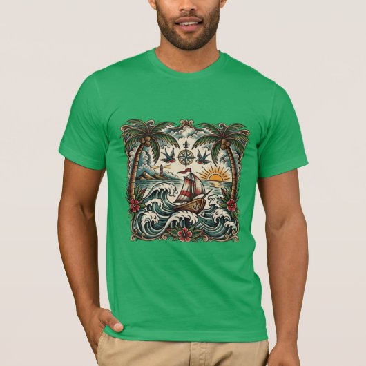Sailor JerryスタイルのトロピカルパラダイスTシャツ – トラ Tシャツ (正面)