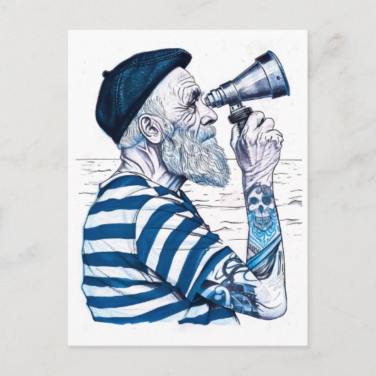 Sailor Looking Through Telescope Toward Distant Ho ポストカード (正面)