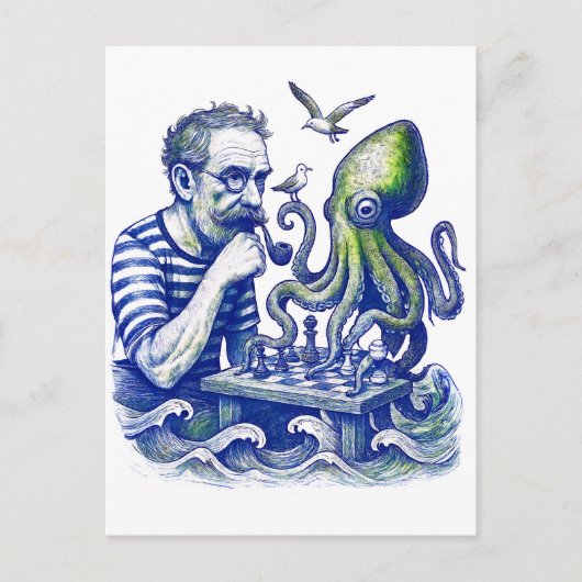 Sailor Playing Chess With Large Curious Octopus ポストカード (正面)