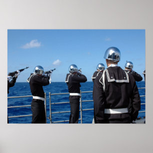Sailors fire a gun salute during a burial-at-se ポスター