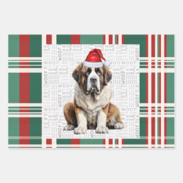 Saint Bernard Christmas Dog Red Green Plaid ラッピングペーパーシート