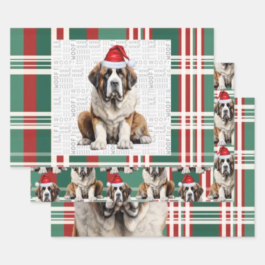 Saint Bernard Christmas Dog Red Green Plaid ラッピングペーパーシート (セット)