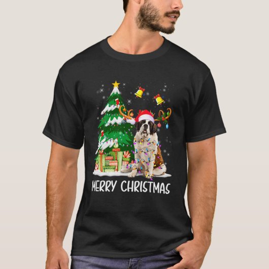 Saint Bernard Christmas Lights Tree Santa Xmas Paj Tシャツ (正面)