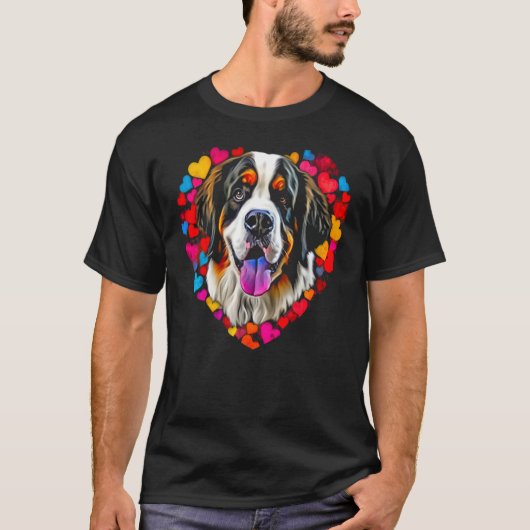 Saint Bernard Dog Blue Red Heart Love Tシャツ (正面)