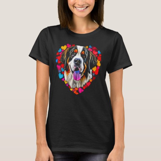 Saint Bernard Dog Blue Red Heart Love Tシャツ (正面)