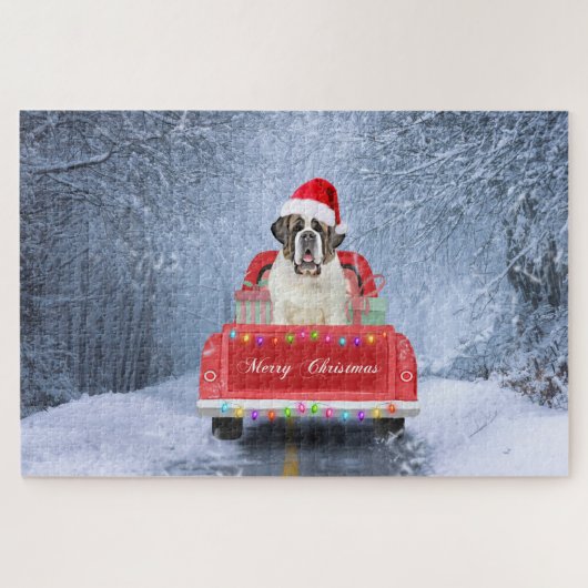 Saint Bernard Dog in Snow sitting Christmas Truck  ジグソーパズル (横)