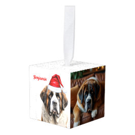 Saint Bernard Dog Two Photo Christmas Holiday キューブオーナメント