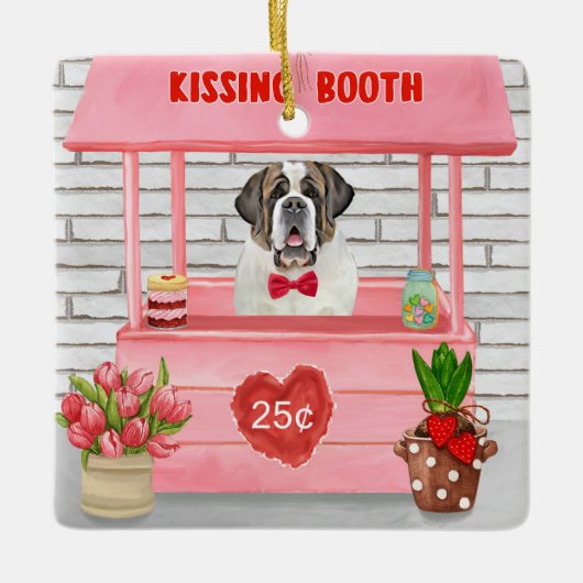 Saint Bernard Dog Valentine's Day Kissing Booth セラミックオーナメント (正面)