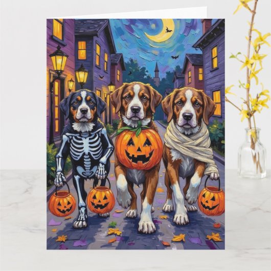 Saint Bernard Dogs in Halloween Costumes カード (黄色い花)