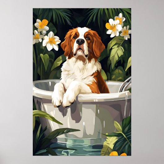 Saint Bernard In Bathtub Poster, Funny Dog Poster ポスター (正面)
