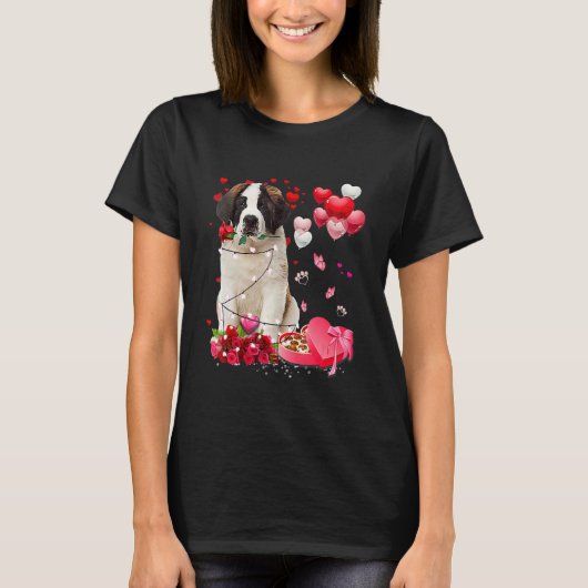 Saint Bernard Rose Heart Happy Valentine Day Dog M Tシャツ (正面)