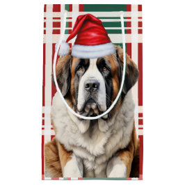 Saint Bernard Santa Dog Holiday Plaid Christmas スモールペーパーバッグ