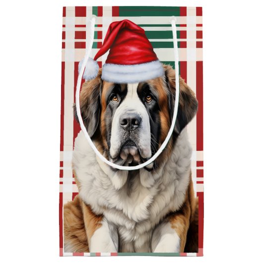 Saint Bernard Santa Dog Holiday Plaid Christmas スモールペーパーバッグ (正面)