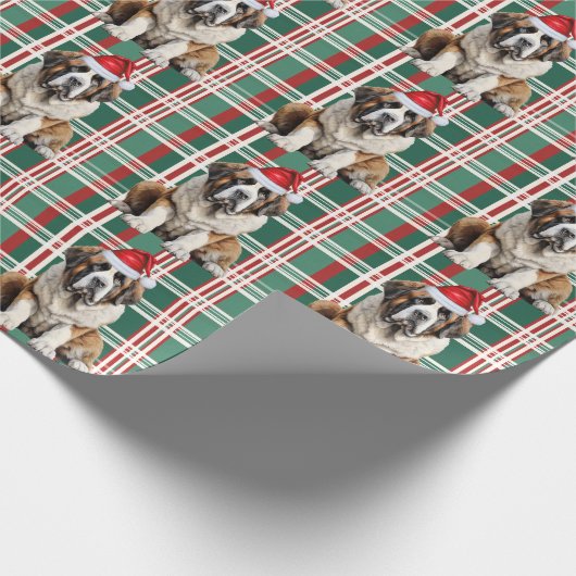 Saint Bernard Santa Dog Holiday Plaid Christmas ラッピングペーパー (角)