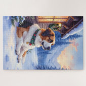 Saint Bernard Snowy Mountain Lodge Christmas Dog ジグソーパズル (横)