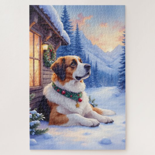 Saint Bernard Snowy Mountain Lodge Christmas Dog ジグソーパズル (縦)