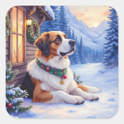 Saint Bernard Snowy Mountain Lodge Christmas Dog スクエアシール (正面)