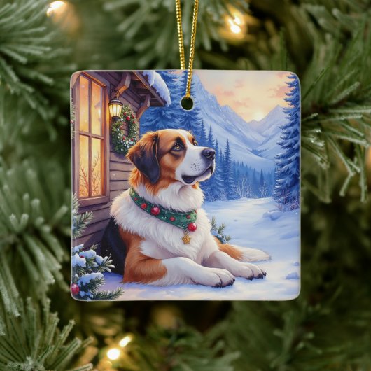 Saint Bernard Snowy Mountain Lodge Christmas Dog セラミックオーナメント (ツリー)
