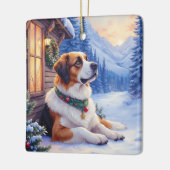 Saint Bernard Snowy Mountain Lodge Christmas Dog セラミックオーナメント (左)