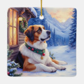 Saint Bernard Snowy Mountain Lodge Christmas Dog セラミックオーナメント (裏面)
