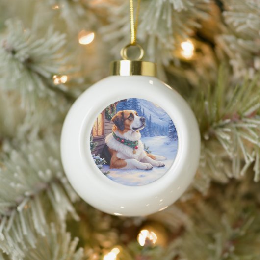 Saint Bernard Snowy Mountain Lodge Christmas Dog セラミックボールオーナメント (ツリー)