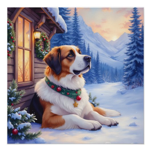 Saint Bernard Snowy Mountain Lodge Christmas Dog ポスター (正面)