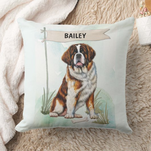 Saint Bernard Watercolor Personalized Dog クッション (ブランケット)