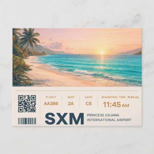Saint Martin SXM Boarding Pass Sunset ポストカード (正面)