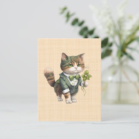 Saint Patrick : Chat chanceux en costume  ポストカード (スタンド正面)