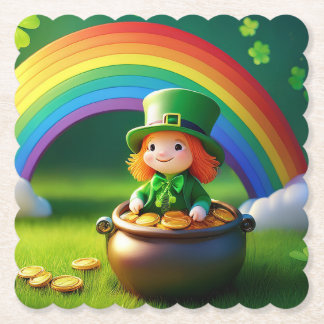 Saint Patrick's Day Leprechaun in Pot of Gold ペーパーコースター