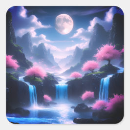 Sakora tree-Moonlit Waterfall with Cherr-pink スクエアシール
