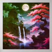 Sakora tree-Moonlit Waterfall with Cherr-pink ポスター (正面)