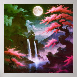 Sakora tree-Moonlit Waterfall with Cherr-pink ポスター